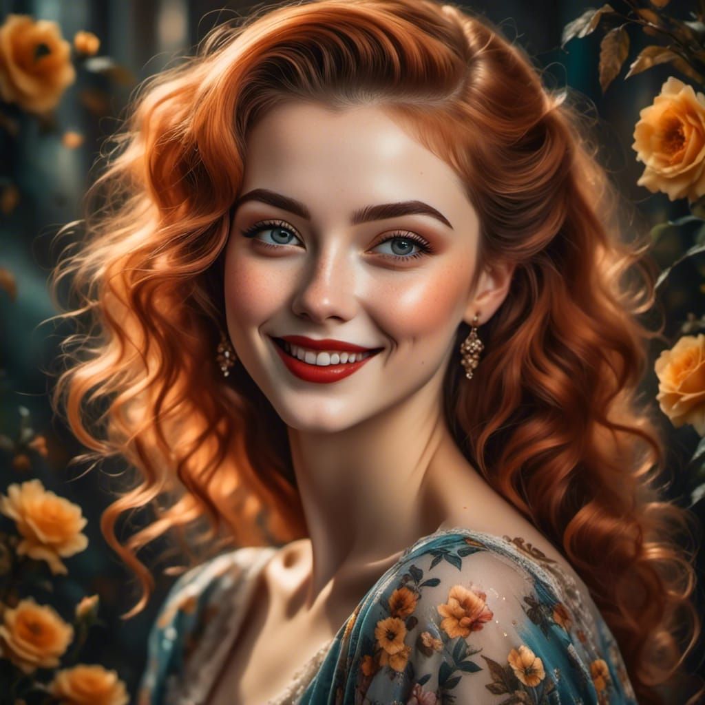 Beautiful Freckled Brunette Smiling in Pre-Raphaelite Style