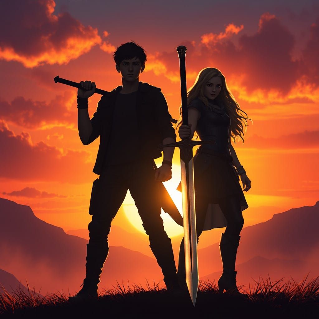 Epic Heroes Silhouetted Against a Golden Sunset in Fantasy M...