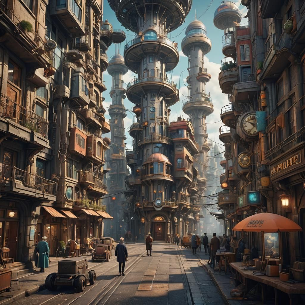 Retrofuturist Dr. Geppetto in a Cyberpunk Cityscape