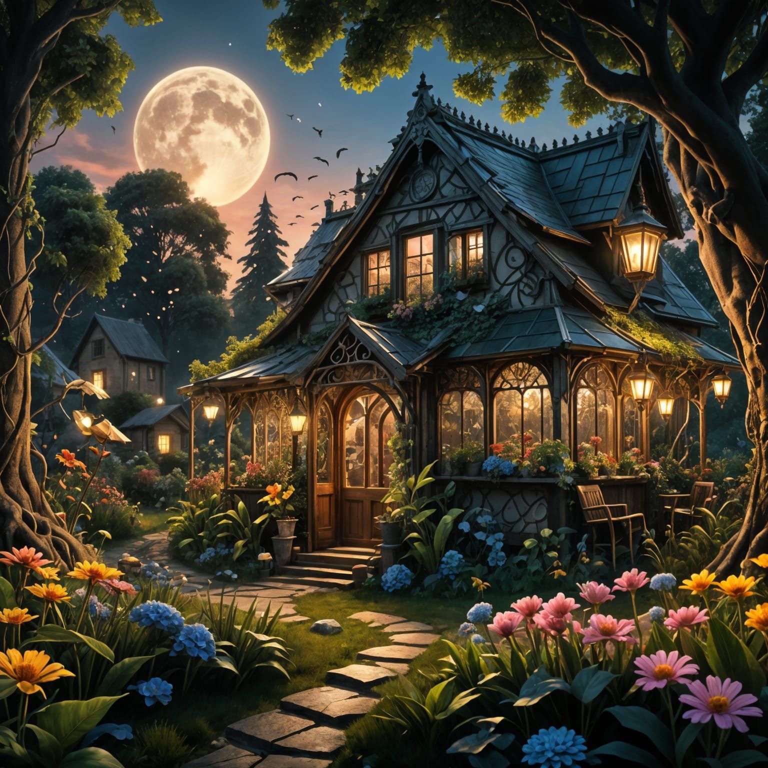 Stunning Glasshouse in a Vibrant Flower Field at Sunset