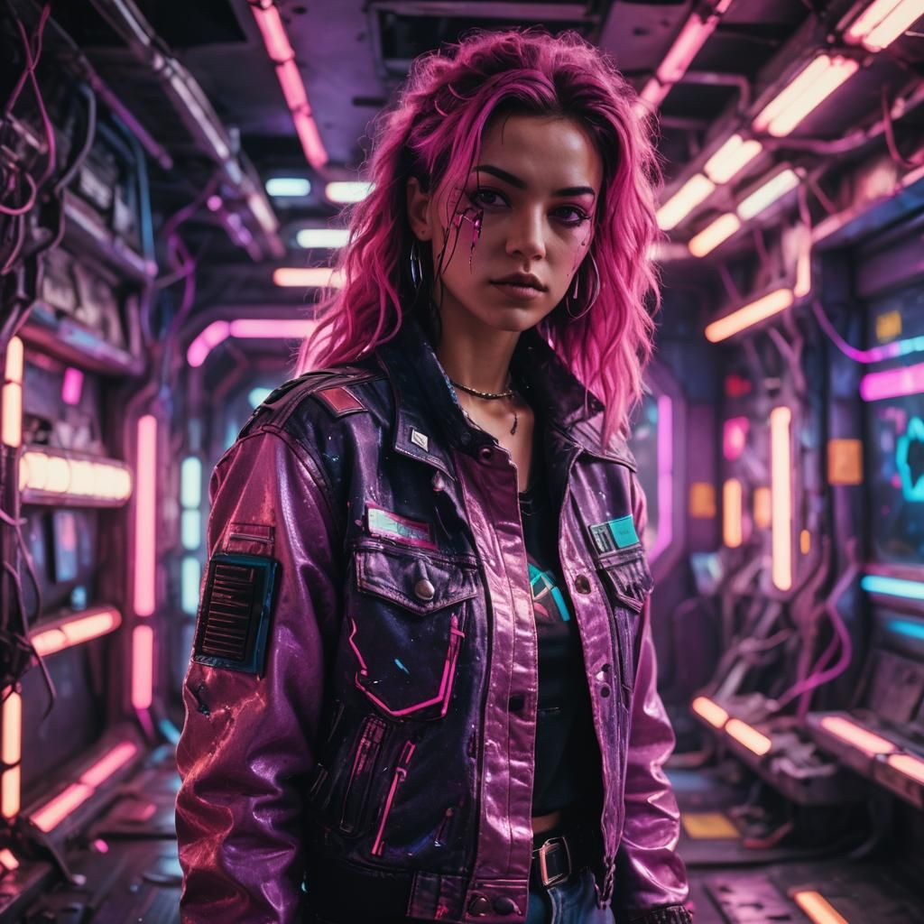 Cyberpunk Grunge Girl in Neon-Noir Space Station