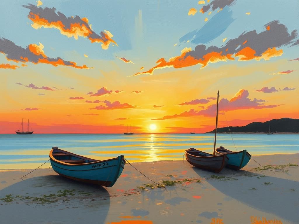 Sunset Beach with Old Boats in Gouache Style