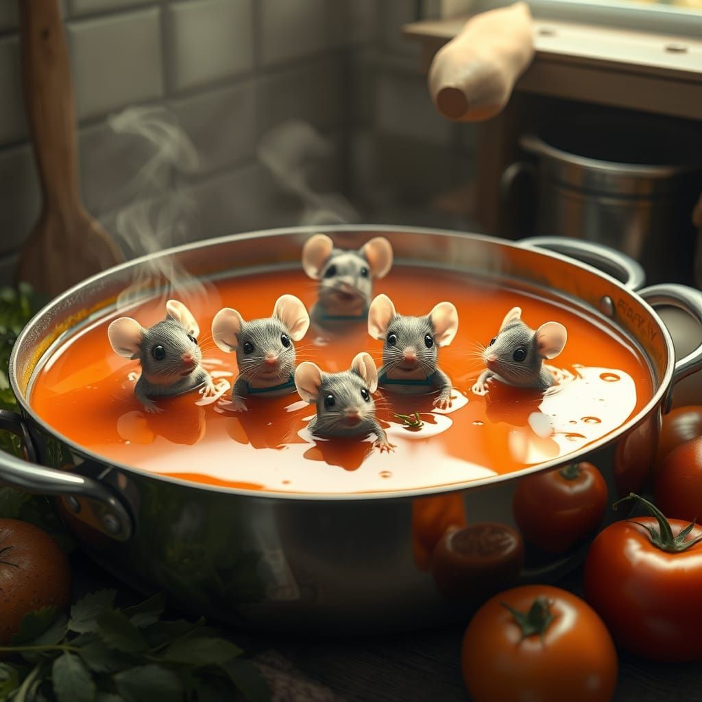 Hyperrealistic Mice Family Enjoying Tomato Soup