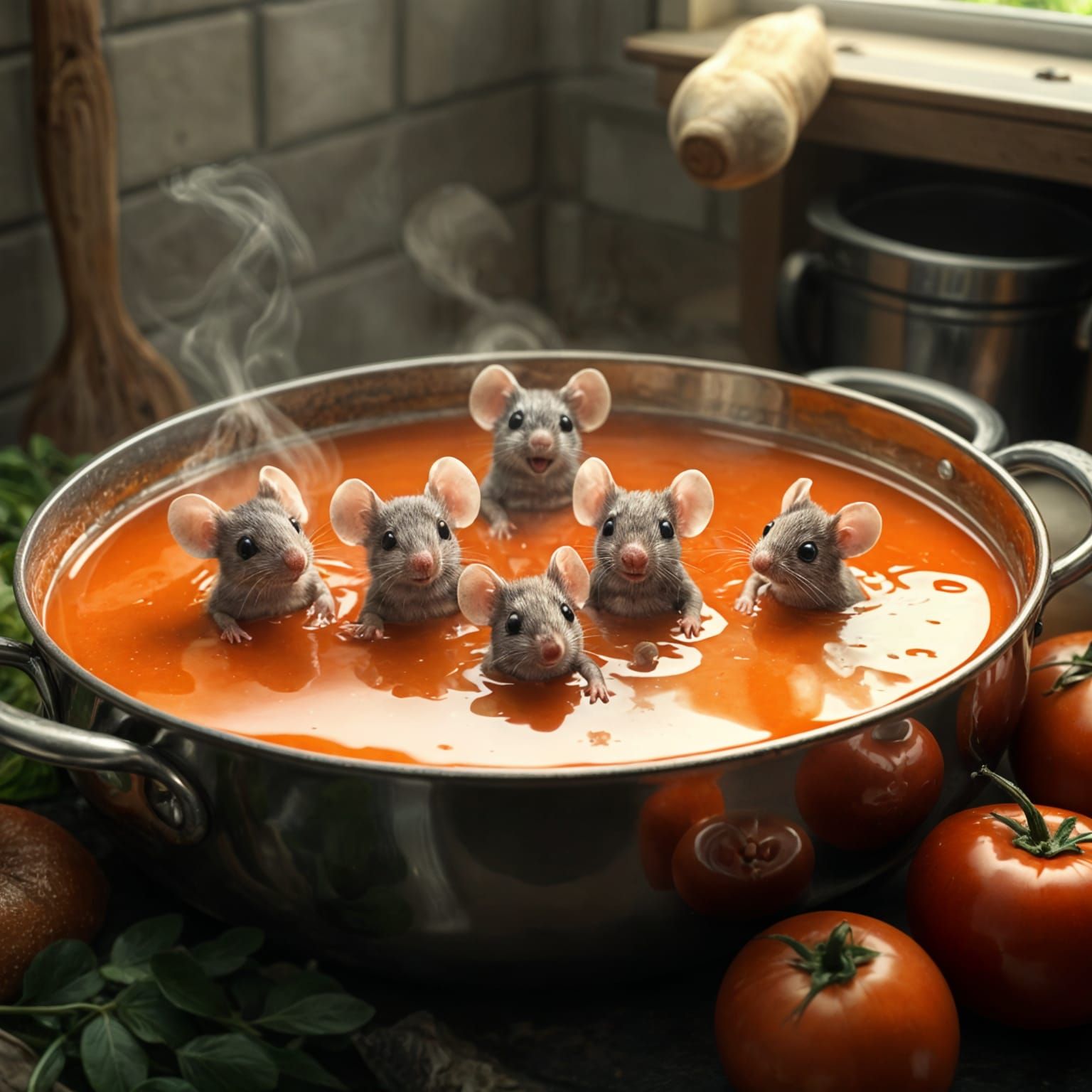 Mice Family Swimming in Tomato Soup: Hyperrealistic Image