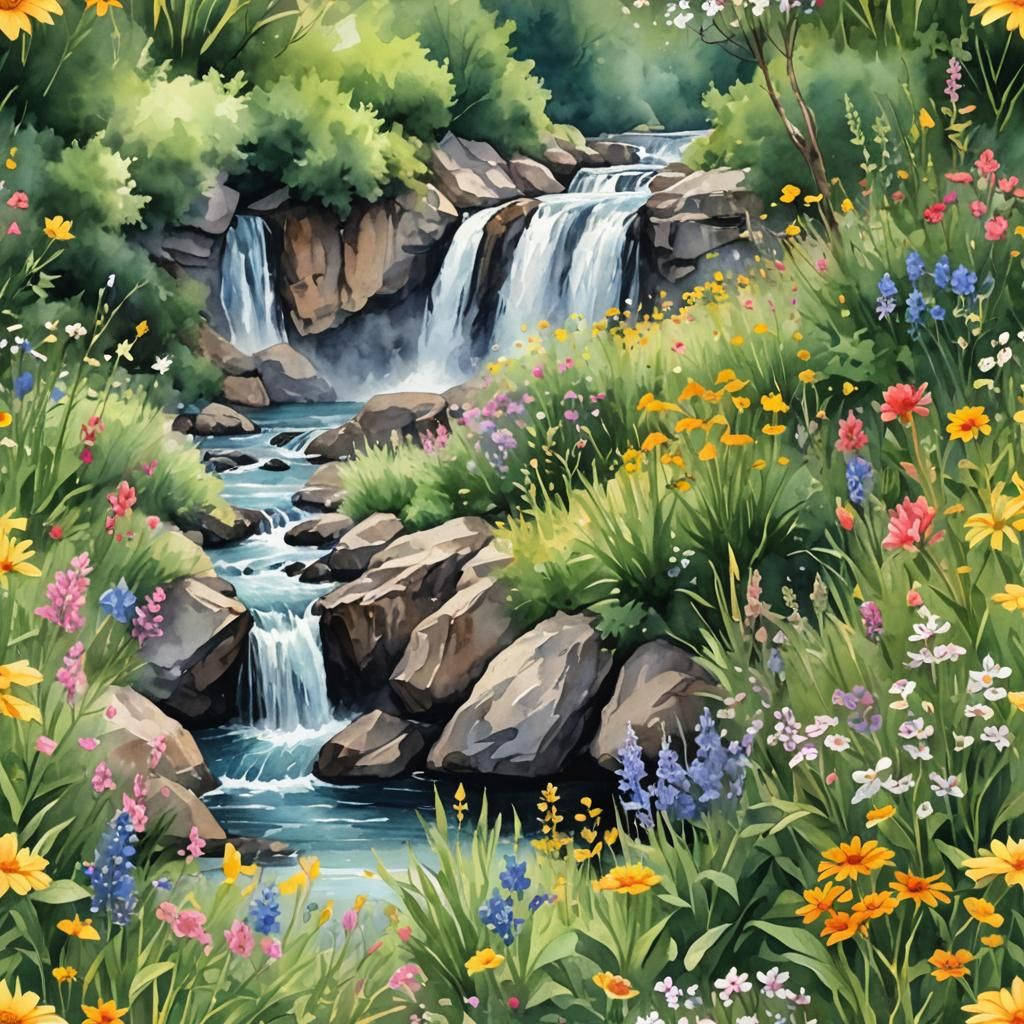 Watercolor Waterfall Among Wildflowers