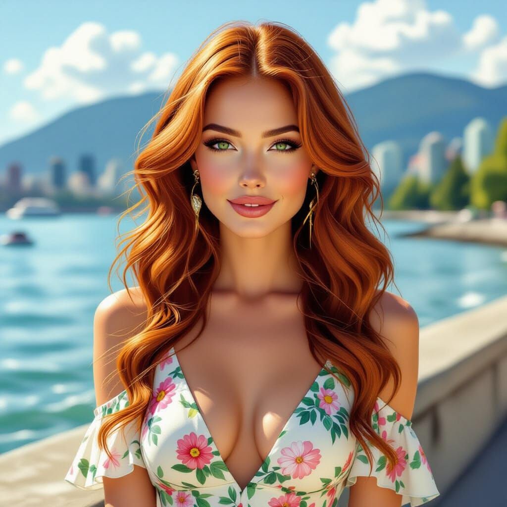 Redhead Model in High Fashion on Vancouver Seawall