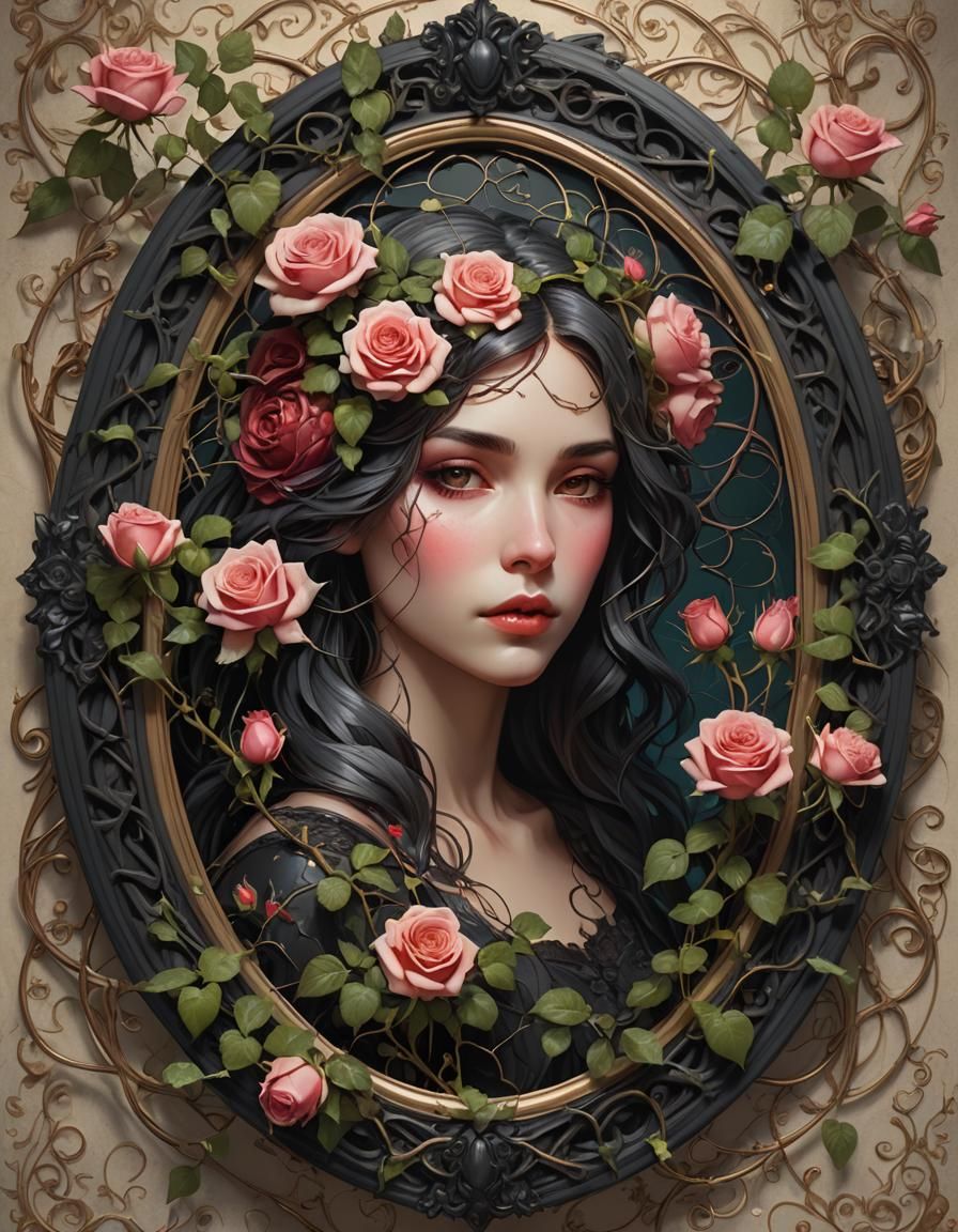 Rose Vines Entwined Around Gothic Picture Frame Portrait