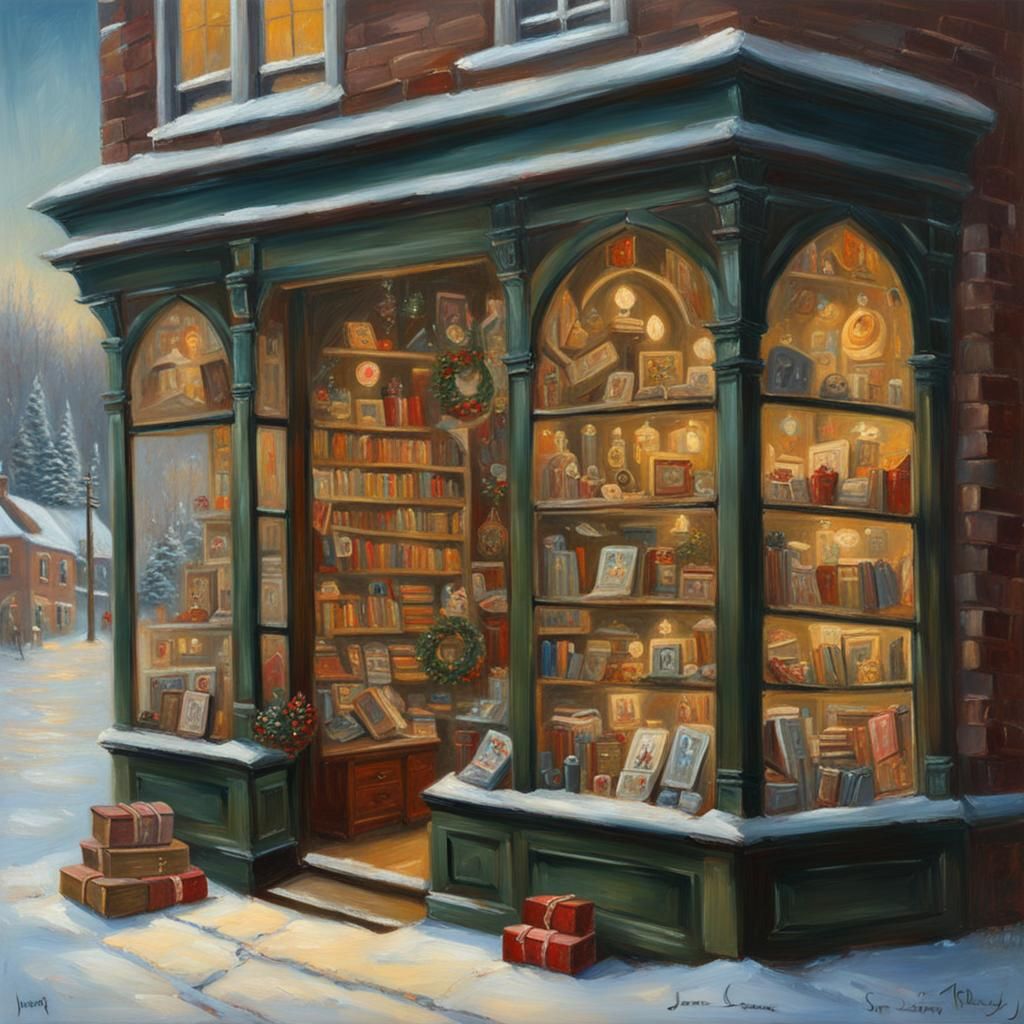 Victorian Toy Shop Window at Christmas, Oil Painting