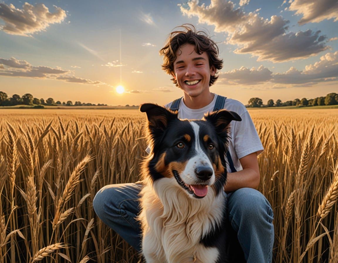 Boy and Border Collie in Golden Wheat Field
