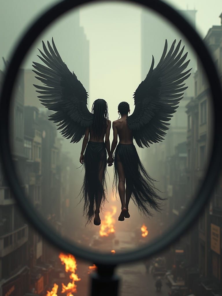 Dystopian Angels in a Ruined Cityscape