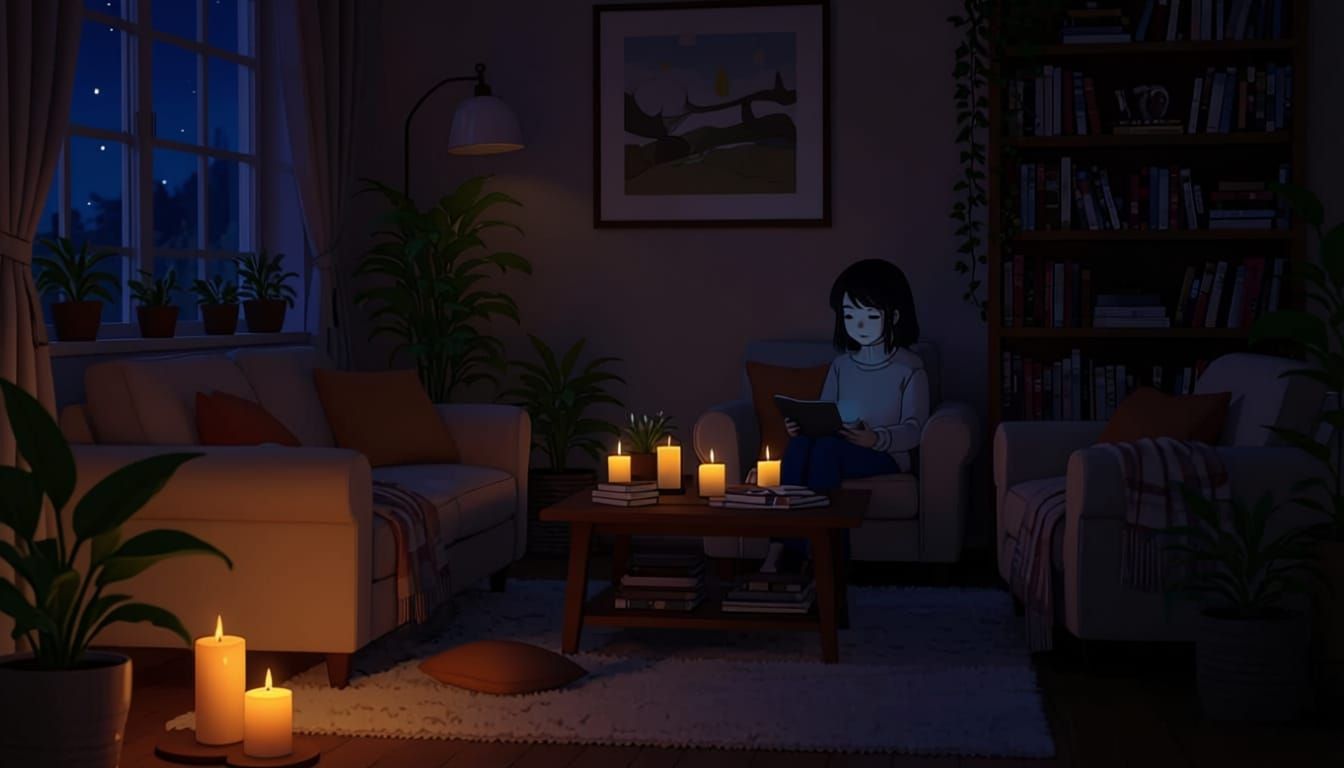 Cozy Living Room with Warm Lighting and Flickering Candles