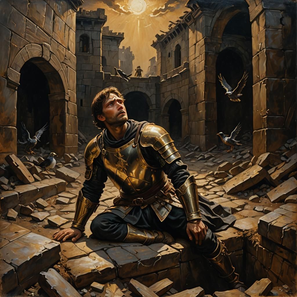 Fallen Hero in Dark Pit: Renaissance Oil Painting
