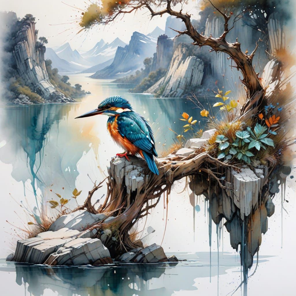 Kingfisher on Rocky Cliff Edge Overlooking Lake