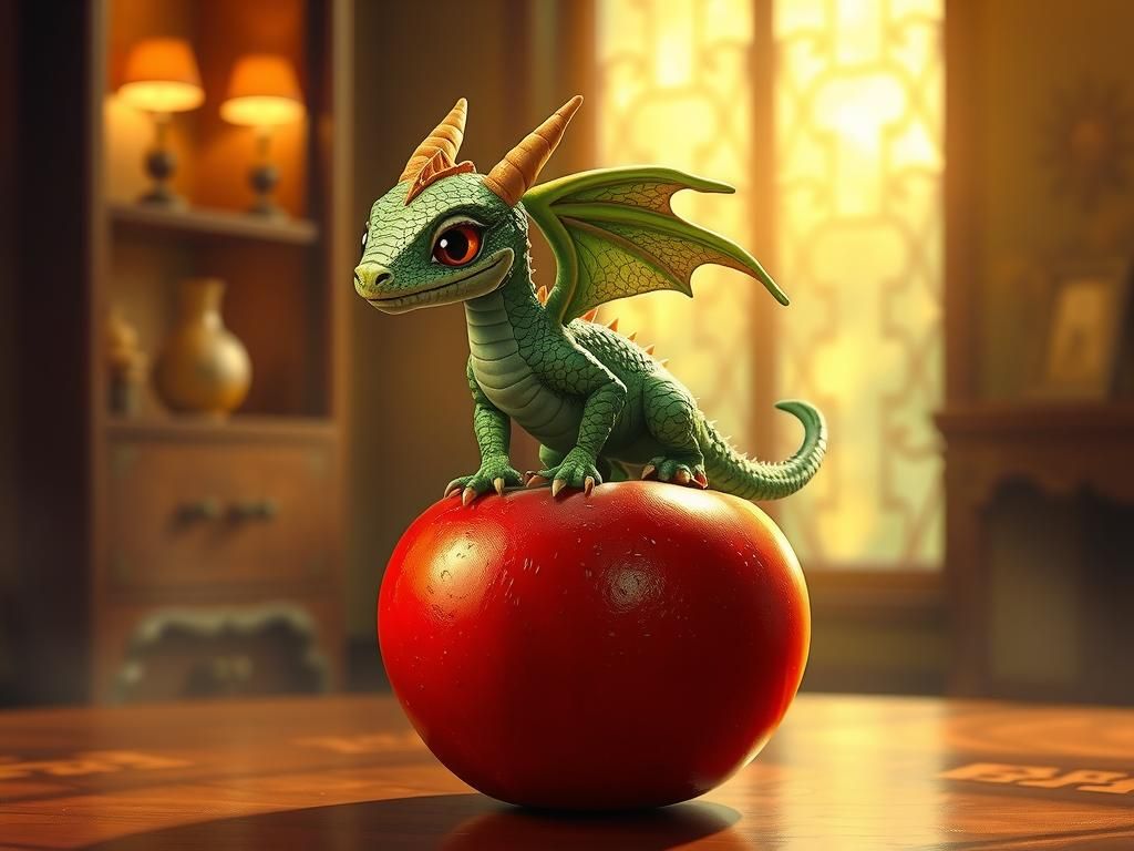 Green Dragon on Apple, Opulent Fantasy Art