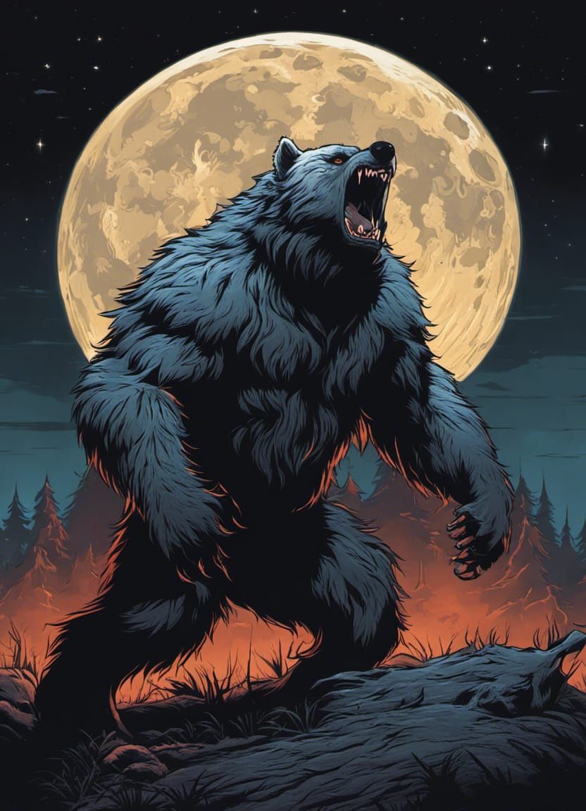 Menacing Werebear Growling at the Full Moon