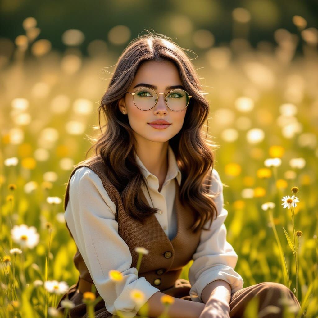 Brunette Woman in Tweed Waistcoat on Meadow