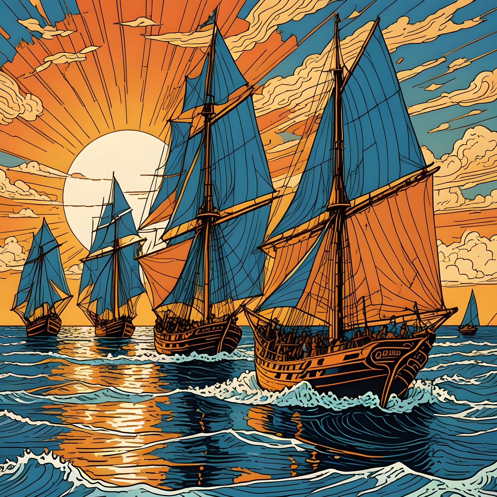 Desert Ocean Scene with Golden Ships as Woodcut