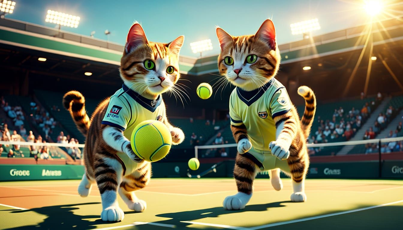 Cats Play Tennis in Stadium: Hyper-Realistic Digital Art