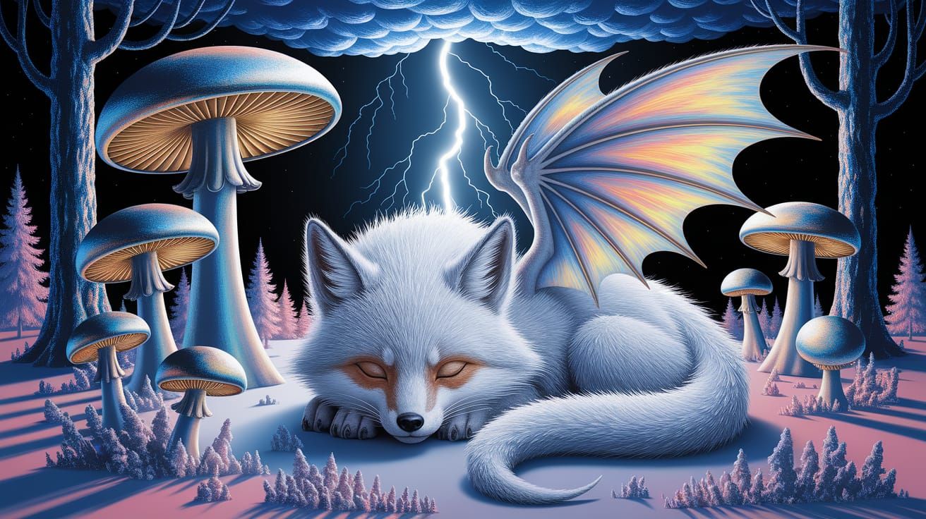 Adorable Fox Dragon Hybrid in Snowy Forest, Oil Painting