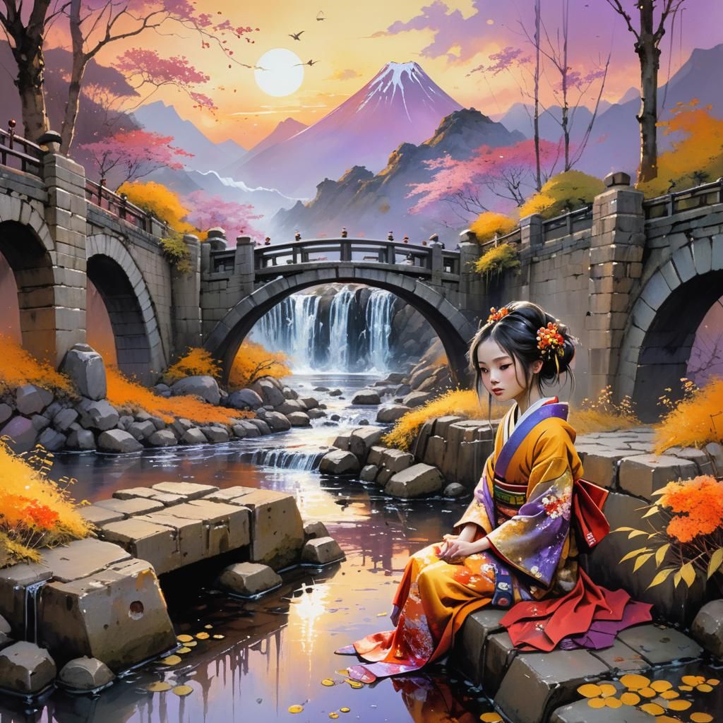 Japanese Princess in Kimono on Ancient Bridge