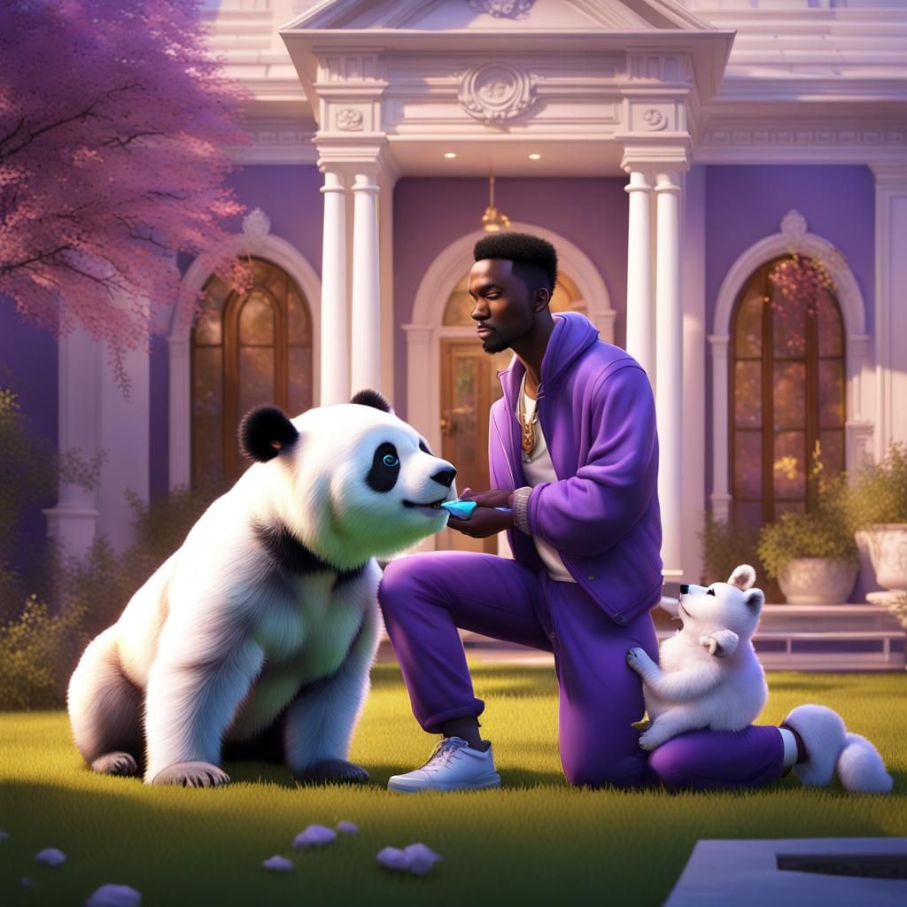 Man and Panda in a Glowing Spring Scene