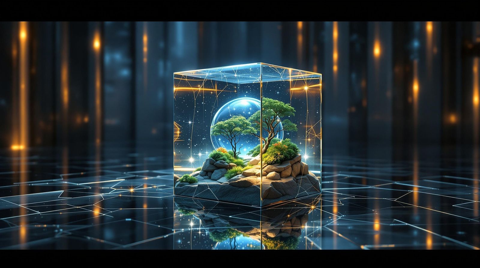 Crystal Cube Terrarium in Hyperreal Corbusier Style