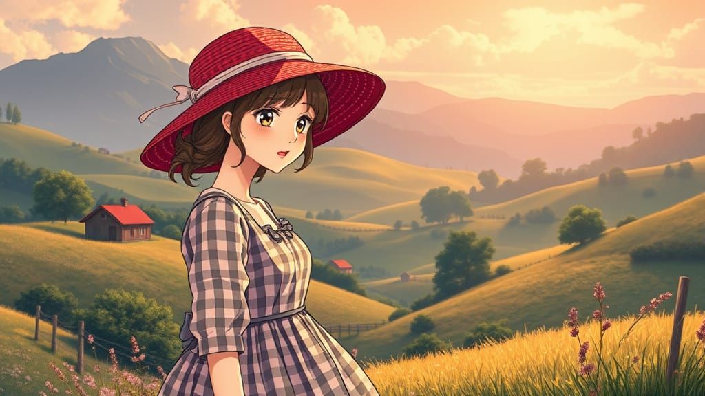 Gingham Goddess in Whimsical Countryside, Inspired by Ghibli...