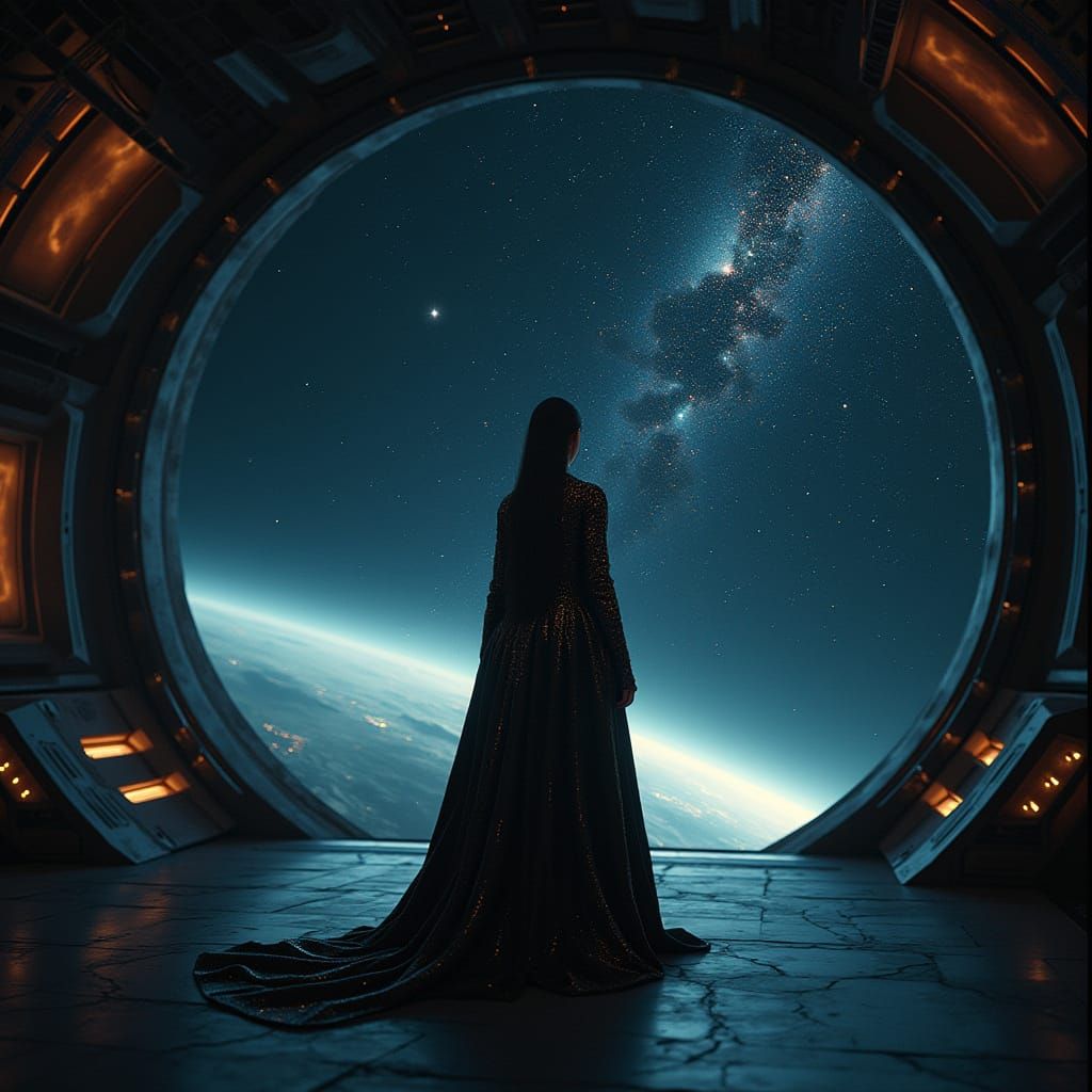 A lone woman stands resolute on a futuristic starship bridge...