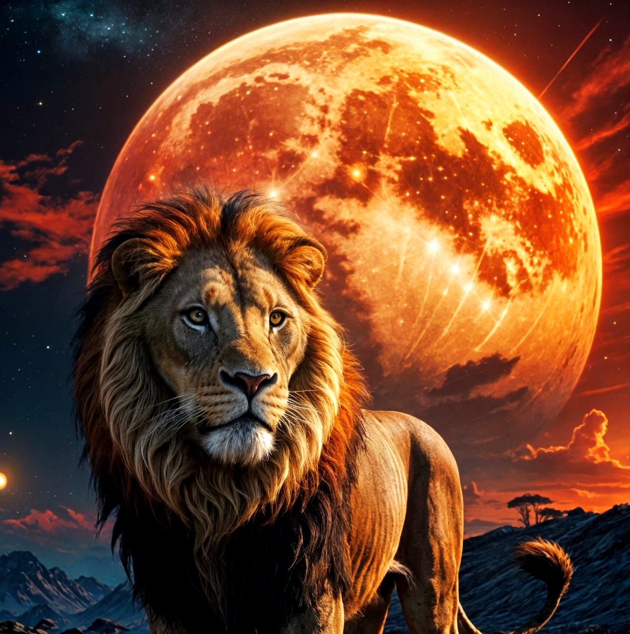 Lion in Savannas Under Vibrant Full Moonlight in Epic Digita...