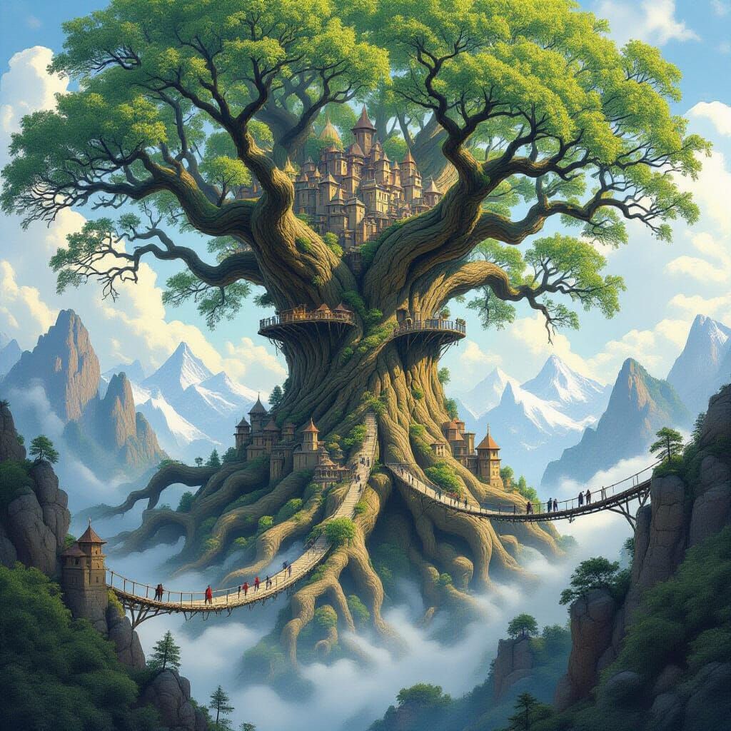 Colossal Ancient Tree City and Mountain Range Landscape