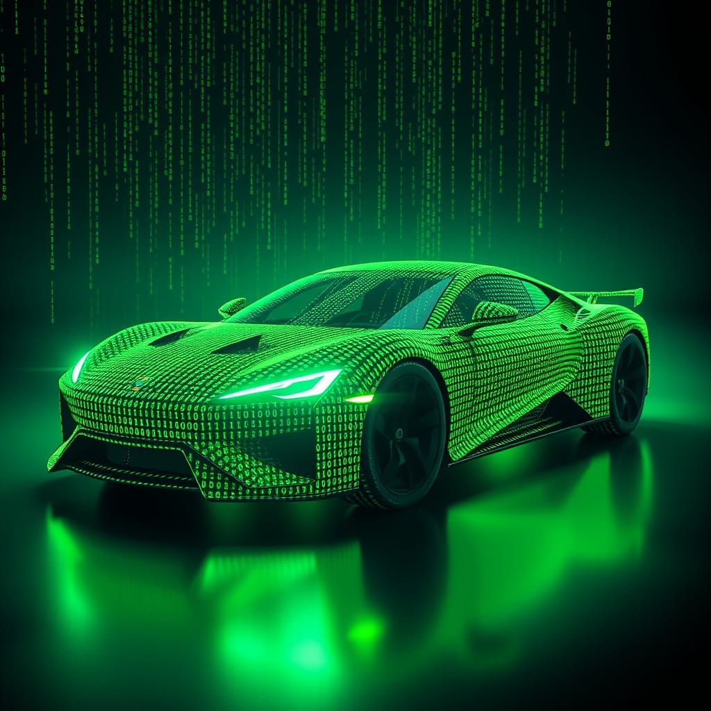 Futuristic Car Formed From Matrix-Style Binary Code