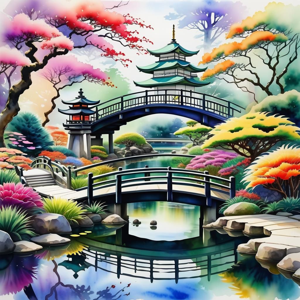 Fractal Exotic Elegance, colorful garden, pond, Japanese bri...