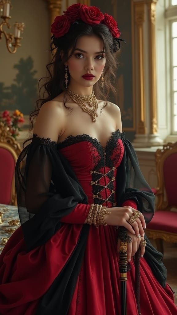 Rococo Beauty in Red Gown: Cinematic Realism Portrait