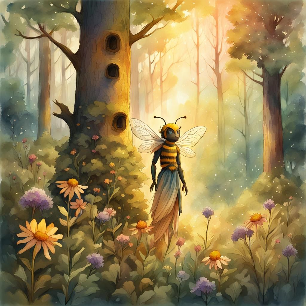 Bee Dryad in Forest Clearing Watercolor Illustration