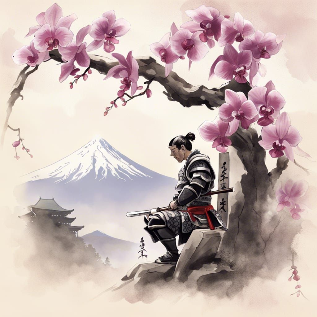 Samurai at Shinto Shrine with Mount Fuji: Sumi-e Art