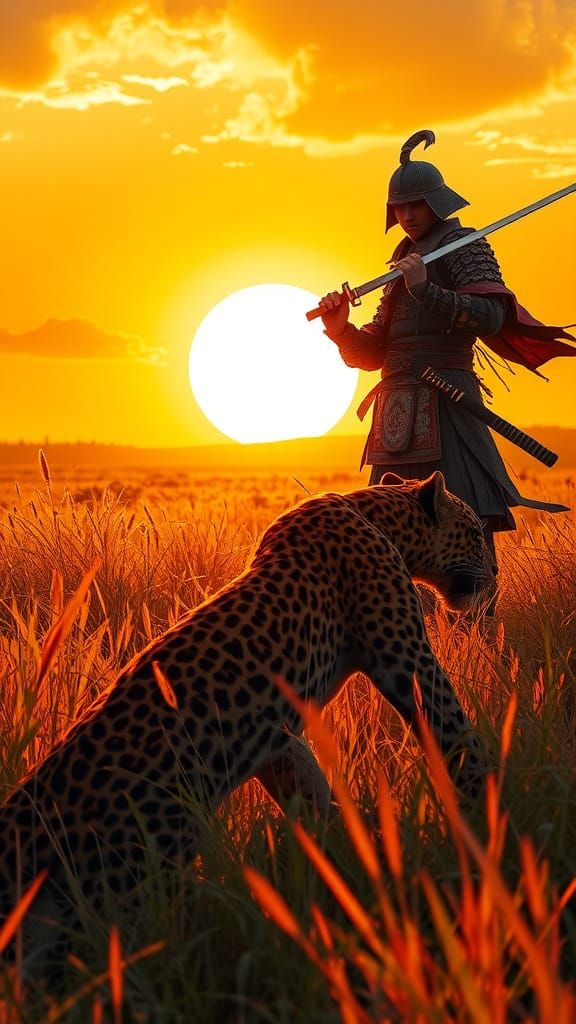 Leopard and Samurai Duel in Grassy Plain