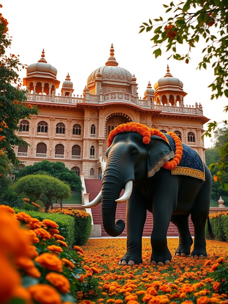 Golden Indian Palace in Vibrant Garden at Dusk