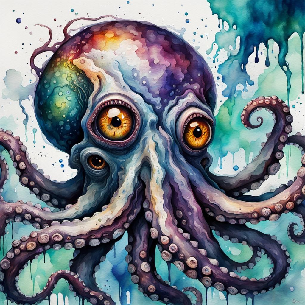 Grotesque Octopus in Watercolor Impressionist Style