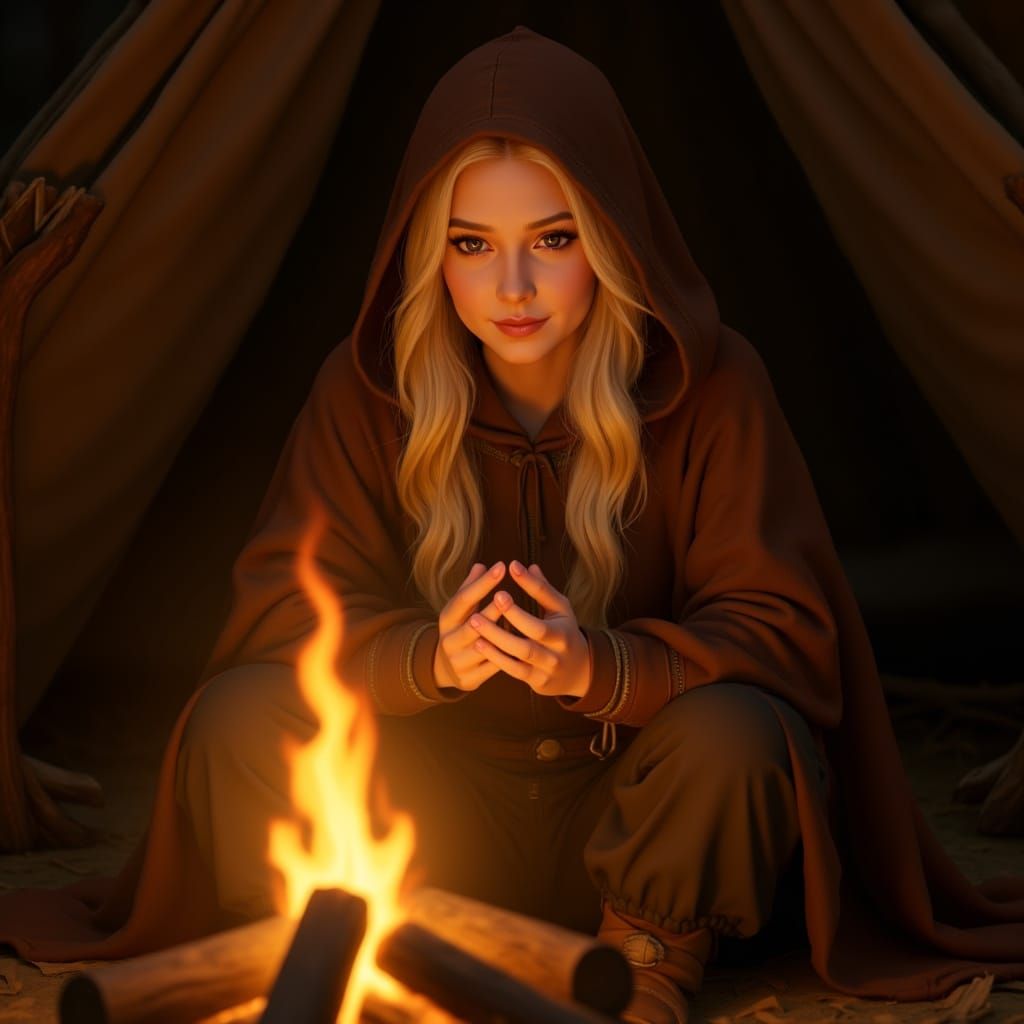 Campfire Portrait of Woman in Cloak: Digital Painting