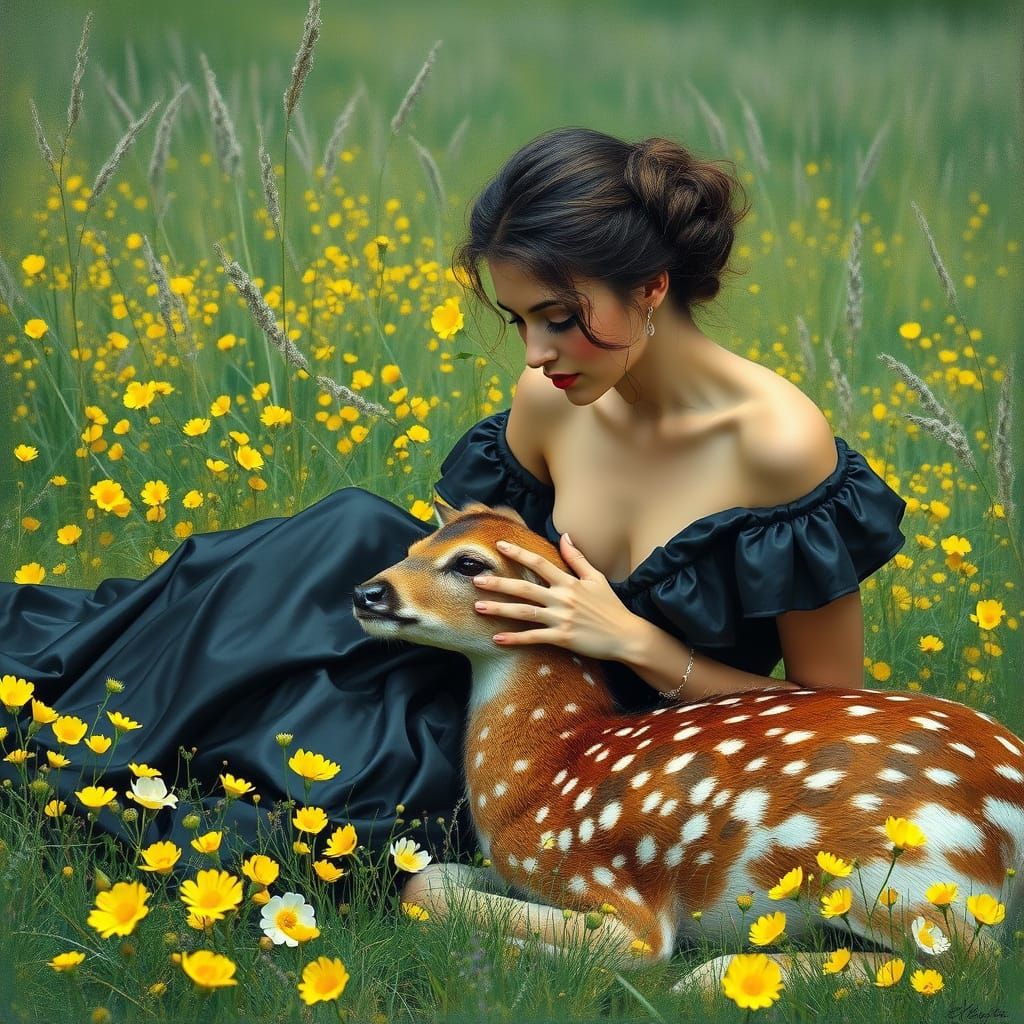 Ethereal Oil Painting of a Woman with a Deer in a Vibrant Fl...