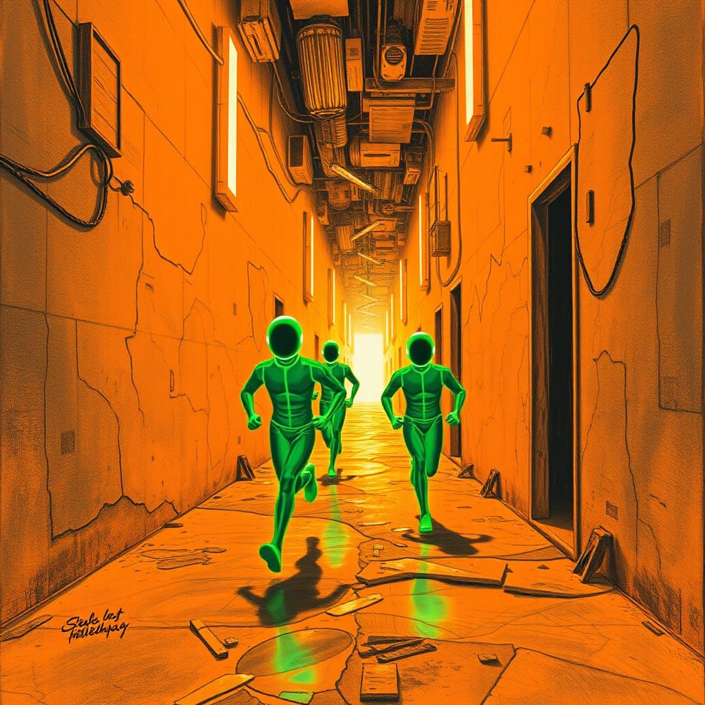 Neon Figures in Orange Alley: Charcoal Drawing