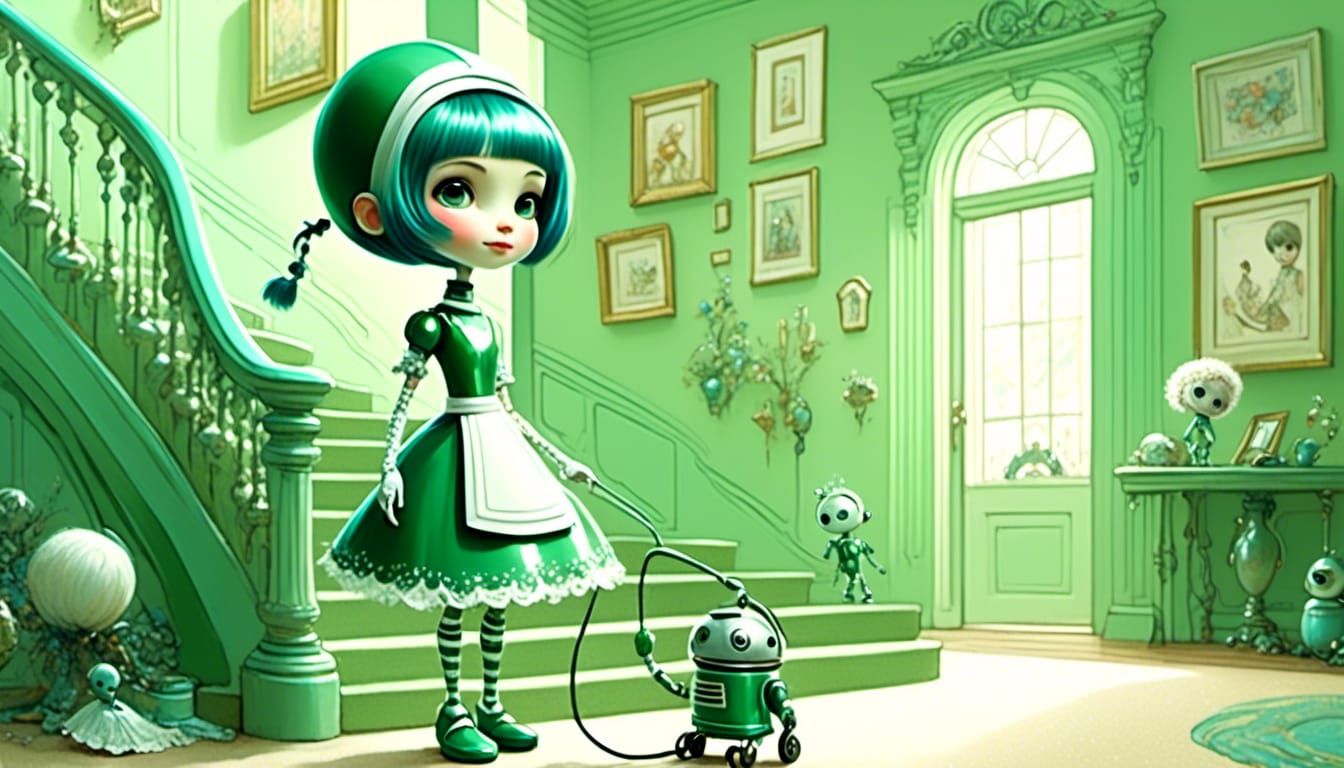 Android Maid Vacuuming in Retrofuturistic Mansion, 3D Art