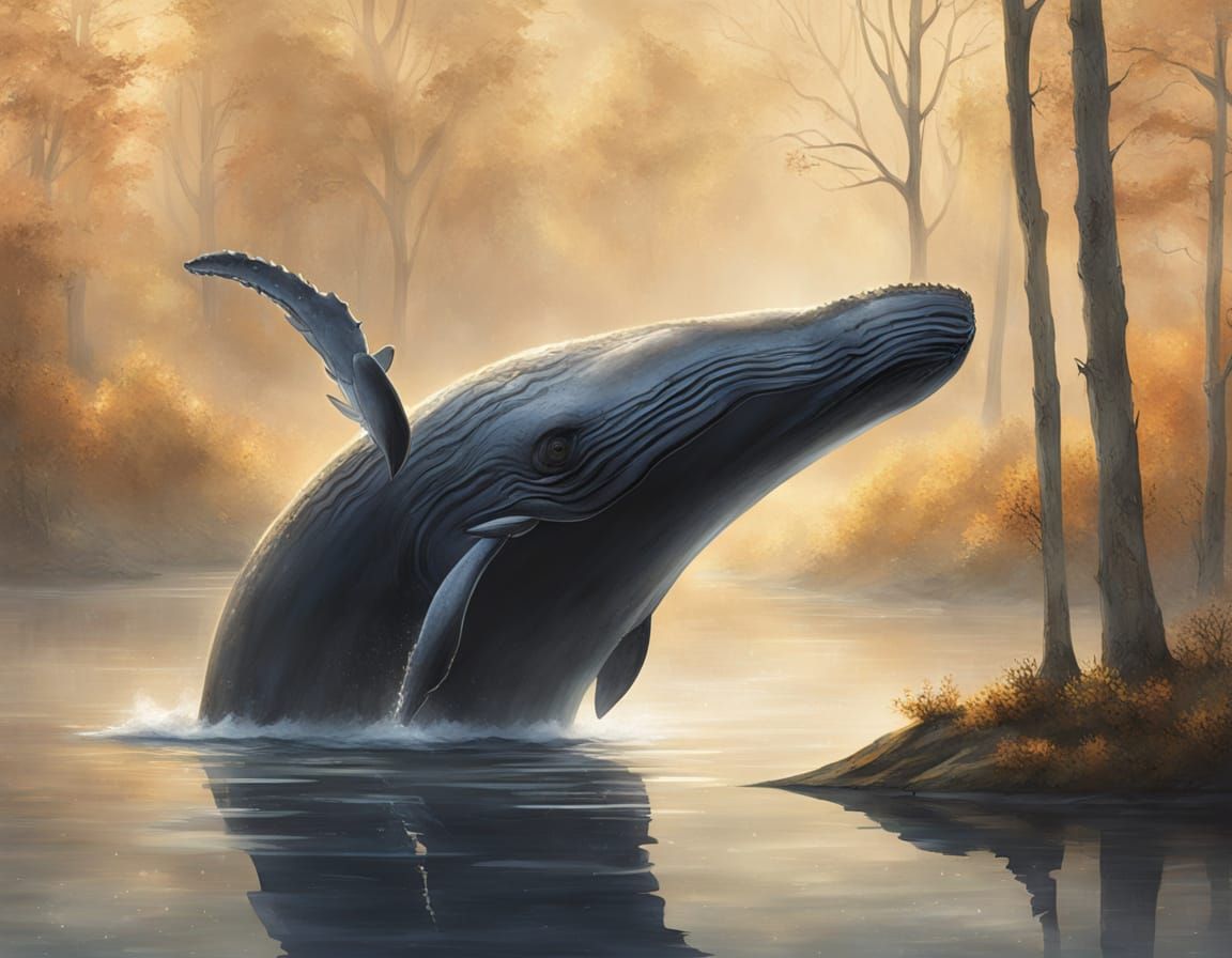 Enchanted Whale Emerges from Misty Lake in Dreamy Surrealism