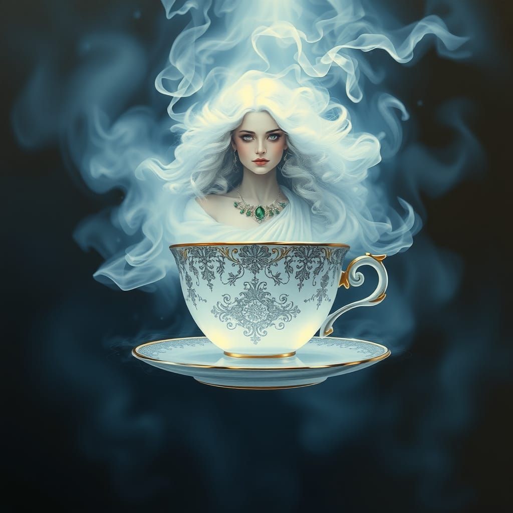 Goddess Emerges from Teacup in Surrealist Oil Painting