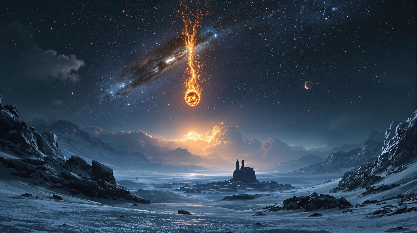 Icy Planet Landscape with Fiery Asteroid