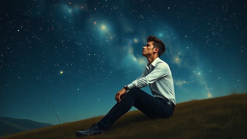 Contemplative Young Man Under Starry Night Sky