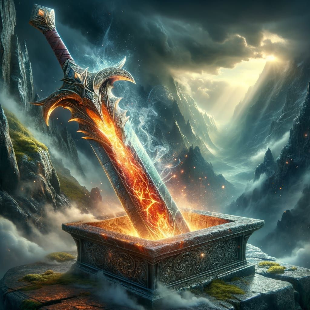 Majestic Elemental Sword in Ancient Pedestal, Shrouded in Mi...