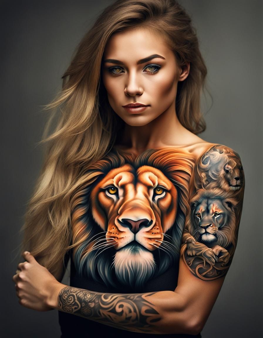 Woman with Lion Tattoo Bicep Flex, Hyperrealistic Art