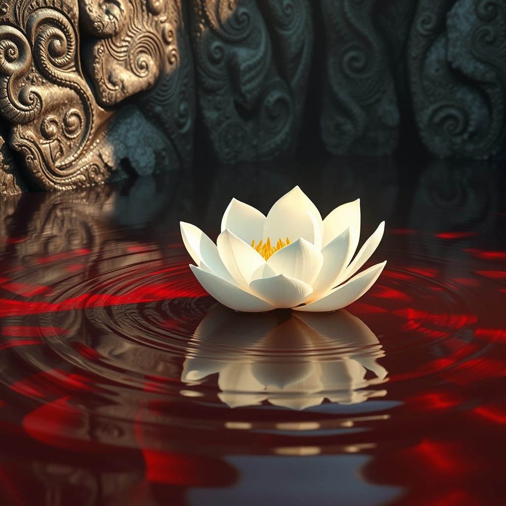 Ethereal Nénuphar Blooms on Crimson Water in Dreamlike Lands...