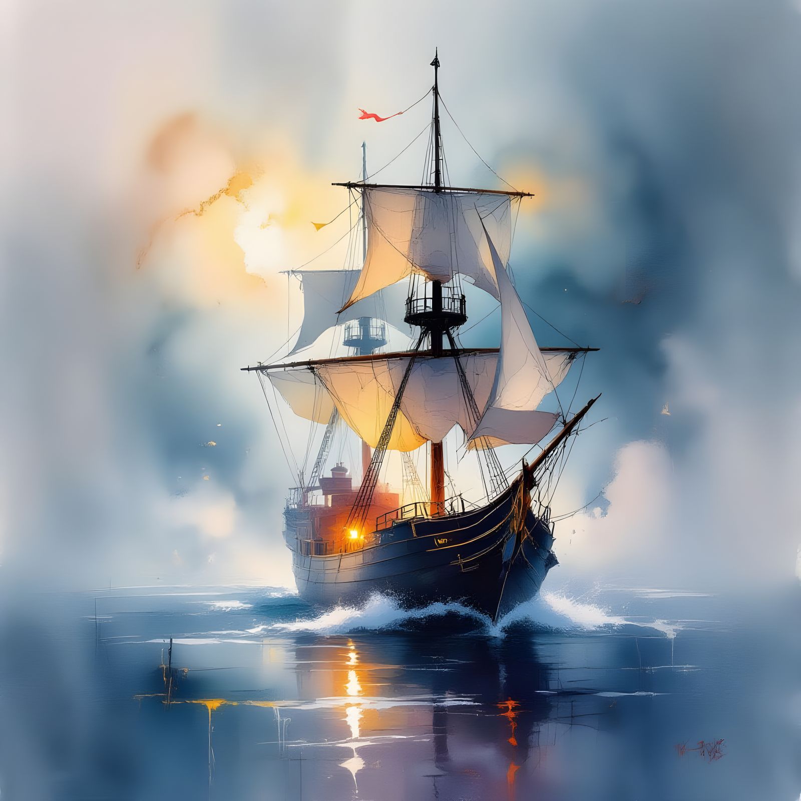 Misty Ship: Alcohol Ink and Watercolour Illustration